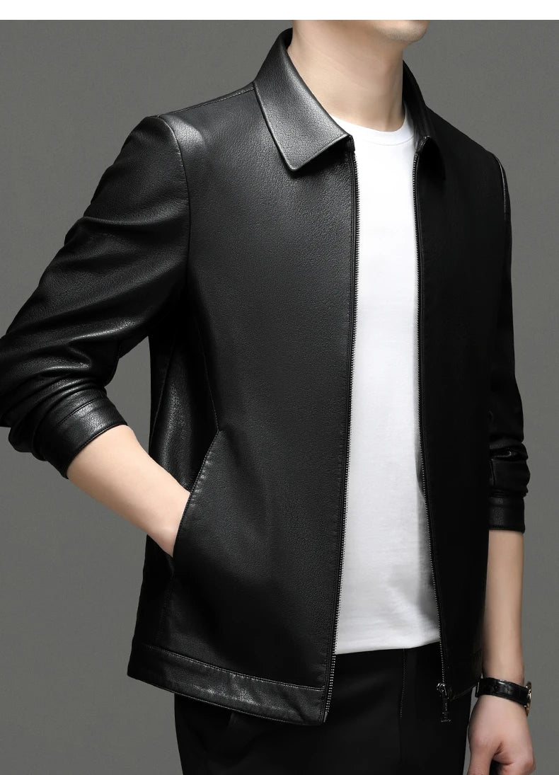 Spring and Autumn Men's Genuine Leather Polo Mock Neck Jacket Fashion