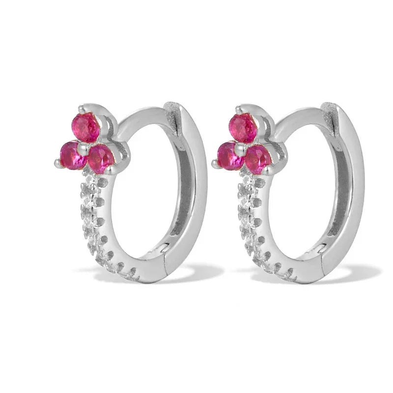 WANTME 925 Sterling Silver Romantic Color Zircon Three-petal Flower Stud Earrings for Women Fashion Huggies Piercing Jewelry