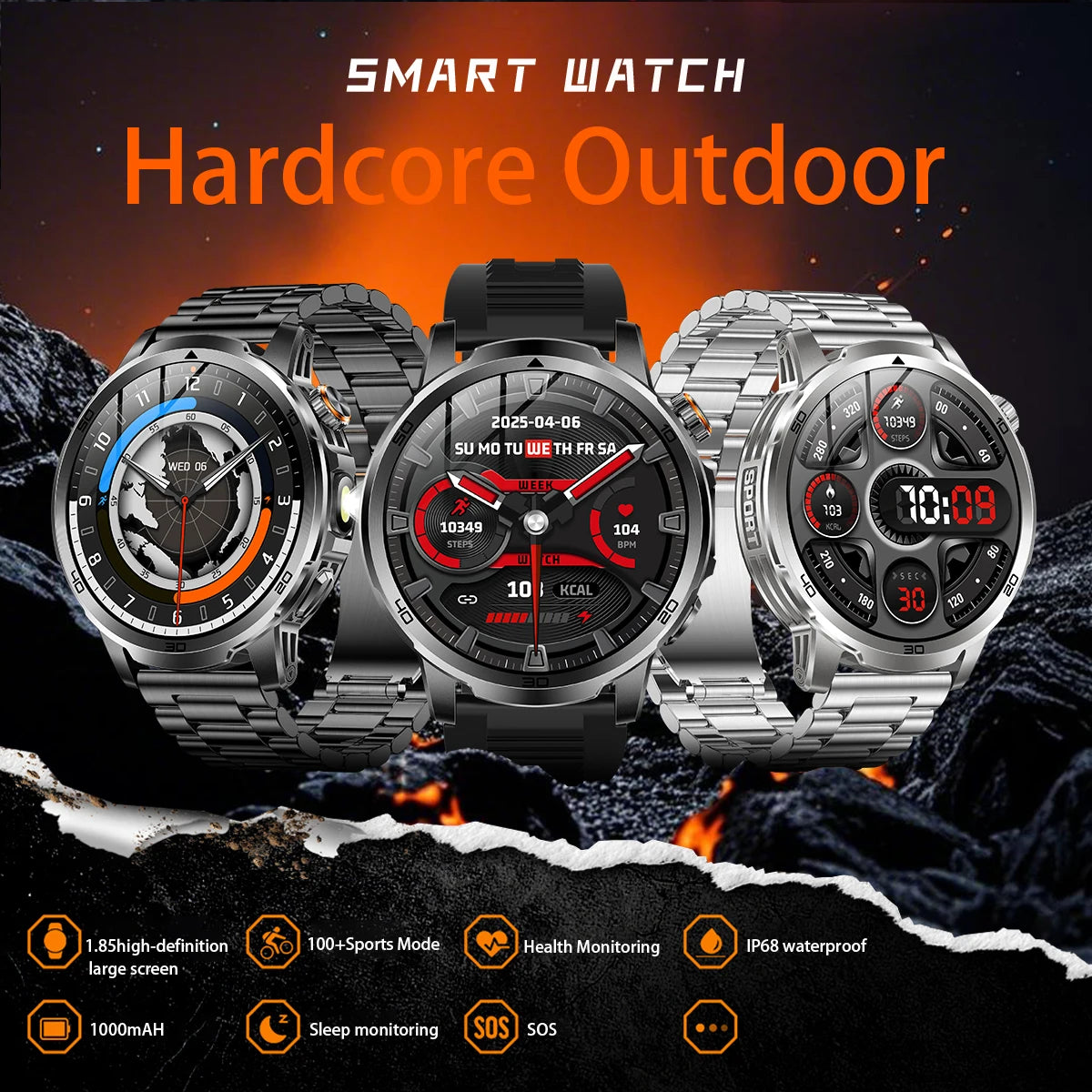 1000mAh Super Large Battery Military Smart Watch BT Call LED Flashlight SOS Alarm 5ATM Waterproof Outdoor Tactical Watches Men