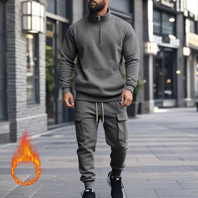 2024 autumn and winter men's casual velvet warm zipper sports trousers set