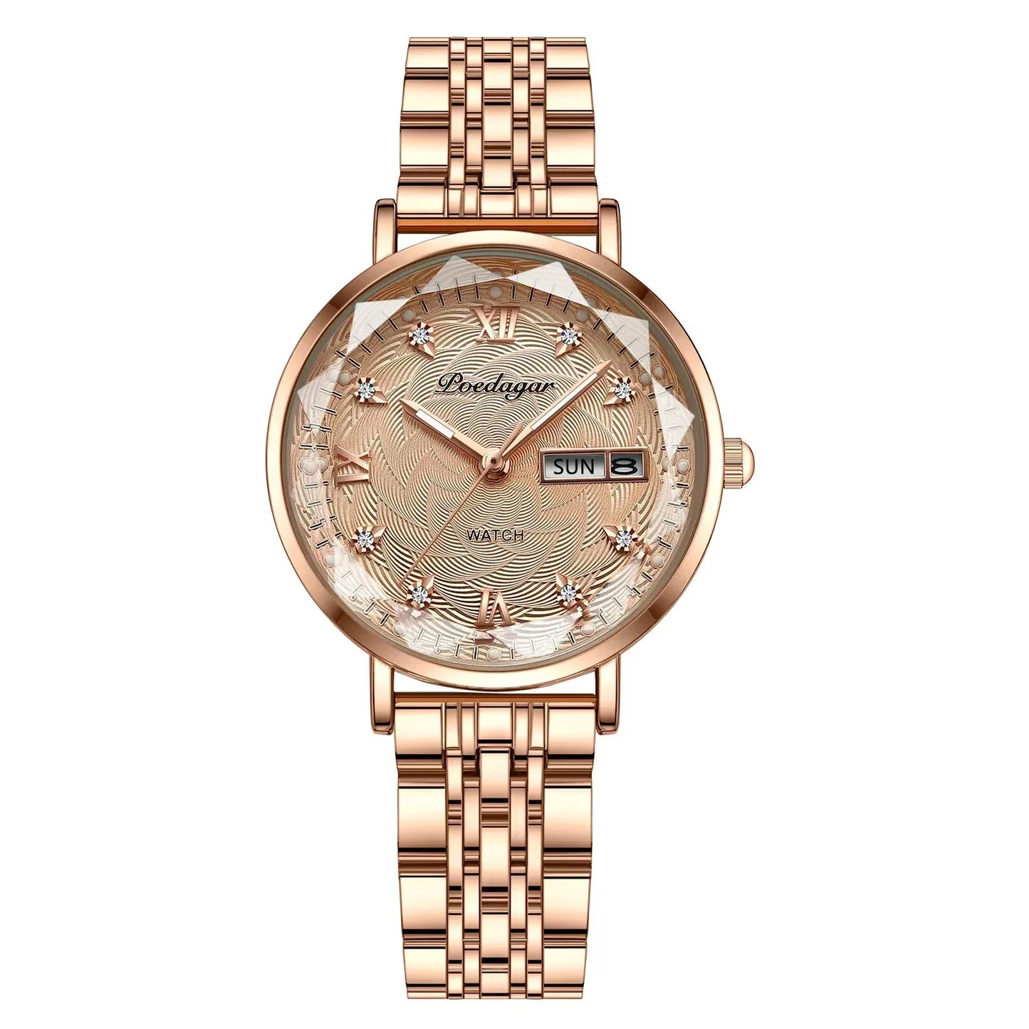 POEDAGAR Elegant Luxury Women Watch Waterproof Luminous Date Week Ladies Watches Fashion Stainless Steel Quartz Woman Wristwatch