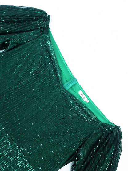 Green Sheath Dresses for Women Plus Size Cold Shoulder Lantern Sleeve High Waist Sequins Evening Wedding Party Outfits 4XL 2023