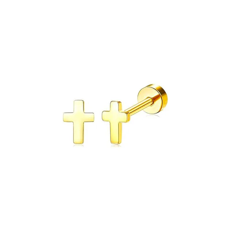 2PCS/Set Stainless Steel Gold Flower Cross Stud Earrings for Women Cute Mini Pearl Earrings Tragus Cartilage Piercing Jewelry