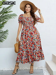 Floral Print Square Neck Puff Sleeve Dress Women Plus Size Vacation Boho Beach