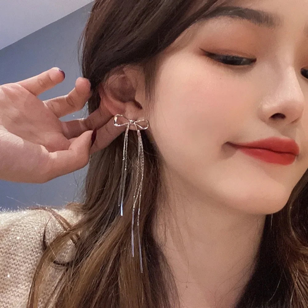 Exquisite Silver Color Ribbon Long Tassel Bowknot Drop Dangle Earrings for Women Charm Stainless Steel Party Jewelry Accessories
