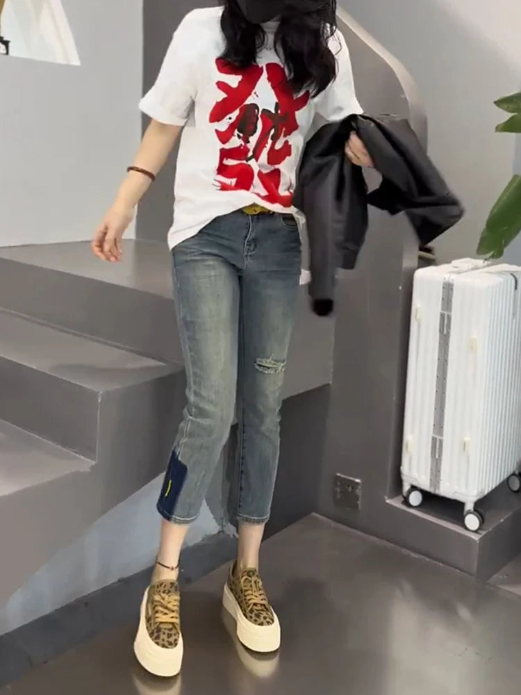 Y2k Pants Style High Waist Elastic Hole Small Feet Jeans