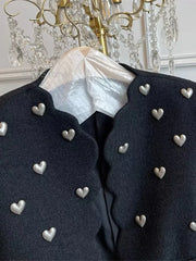 Autumn Winter Fashion Heart Buckle Black Wool Tweed Short Jacket Coat Women