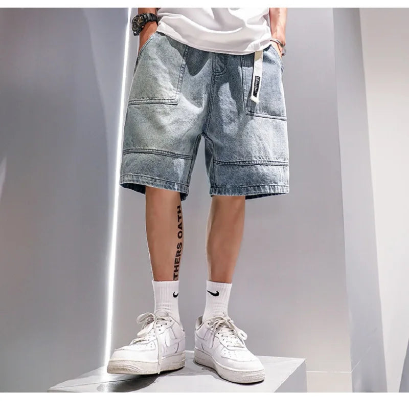 Fashion Casual Denim Shorts Men's Trend Ins Youth Pop Summer Wear Japanese Gothic Hip Hop Loose Casual Cargo Five Quarter Pants