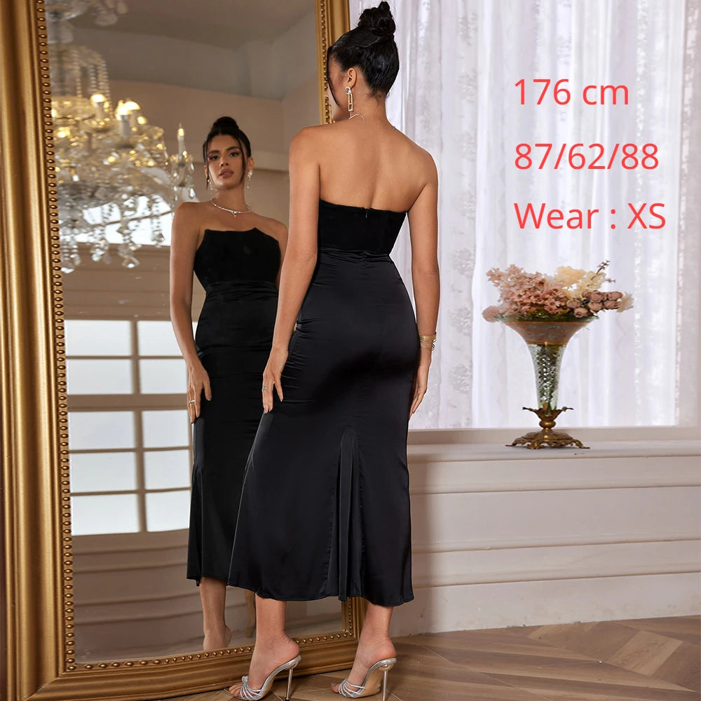 Evening wear Dresses: Black Maxi Wedding Guest Dress Women Strapless Velvet