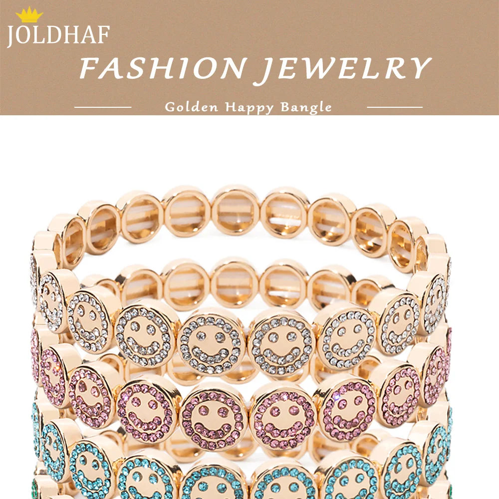 2024 New Happy Bangle Paved Diamond Enamel Beaded Bracelets For Women Boho Gold Color Elastic Bracelets