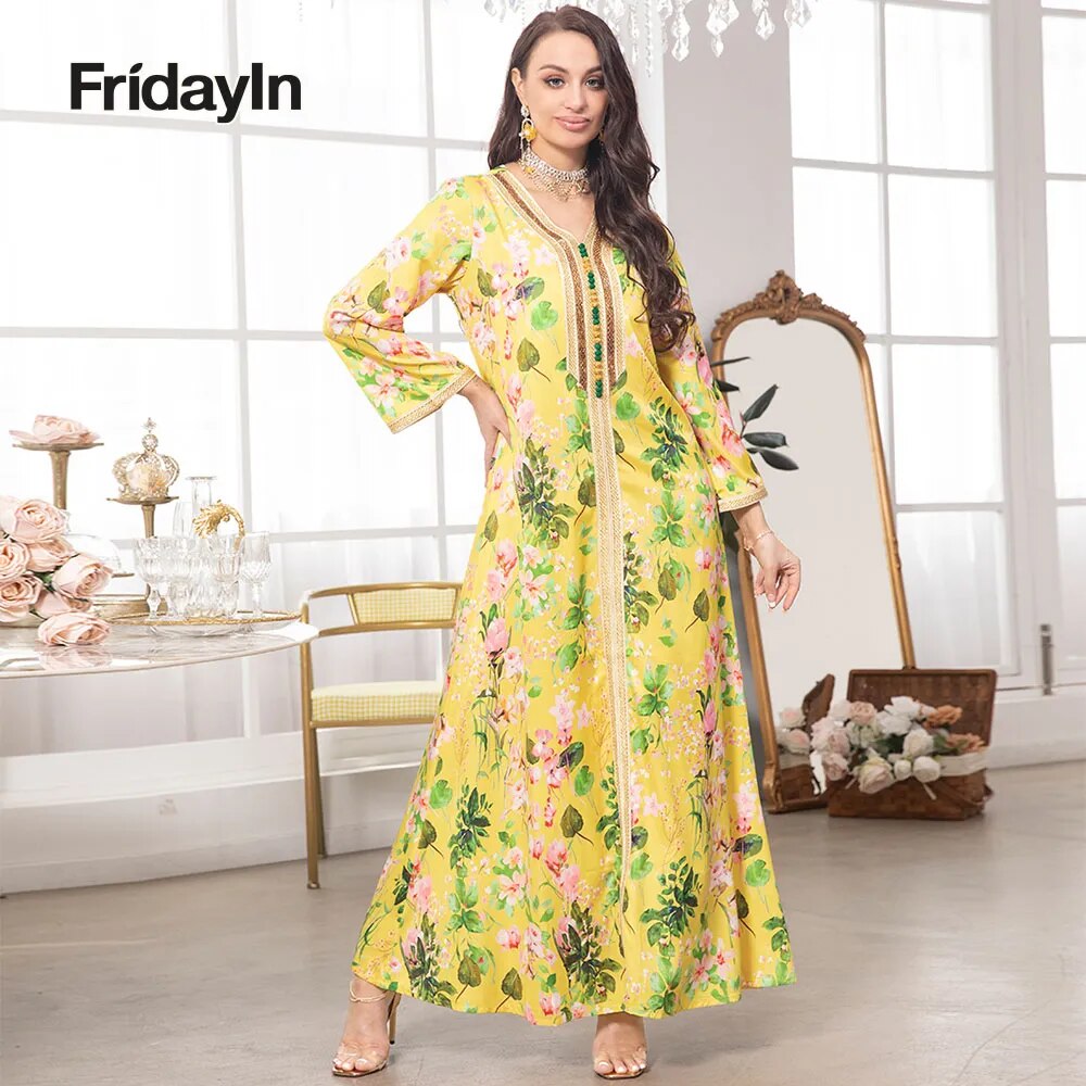 Fridayin Muslim Abaya Elegant Long Dresses for Women V-neck Contrast Buttons Ribbon Flared Sleeve Kaftan Loose A-line Skirt