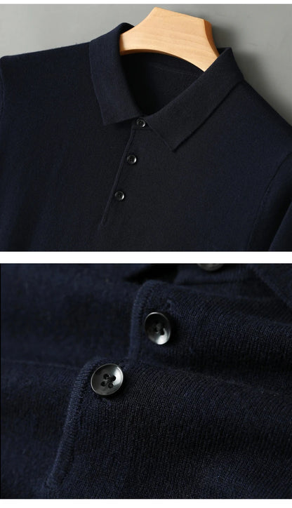 Spring Autumn Men Shirt  Merino Worsted Wool Knitted Pullover Long Sleeve Polo-Collar Clothing Tops Smart Casual Thin Outerwears
