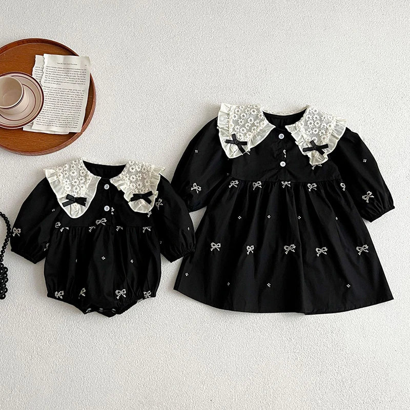 Kids Baby Girls Long Sleeve Sweet Embroider Sisters Rompers