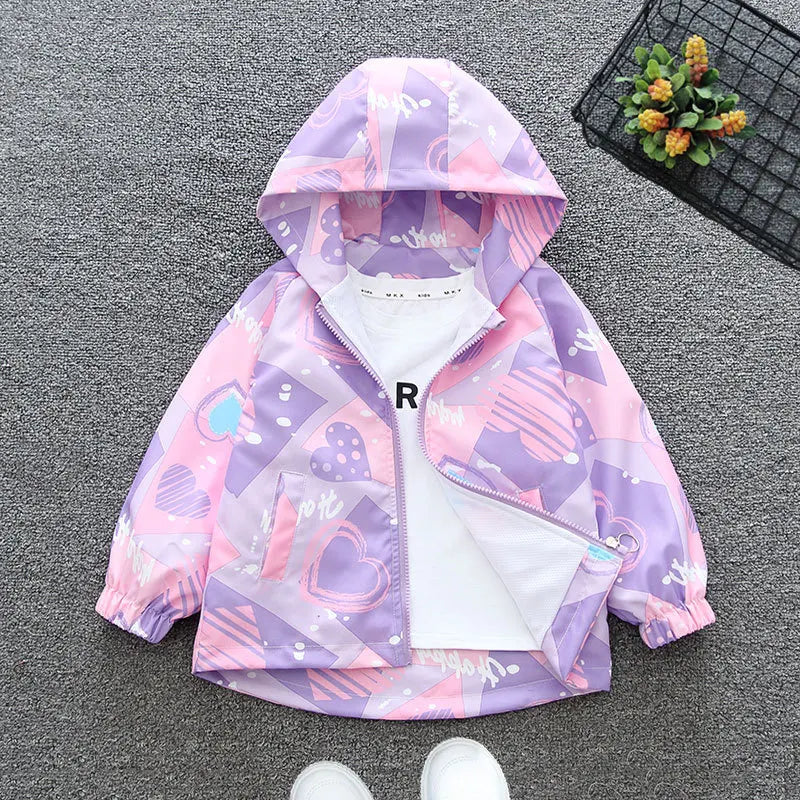 Teenagers Girls Coats Spring Autumn Full Printed Love Pattern Hooded Parkas For Kids