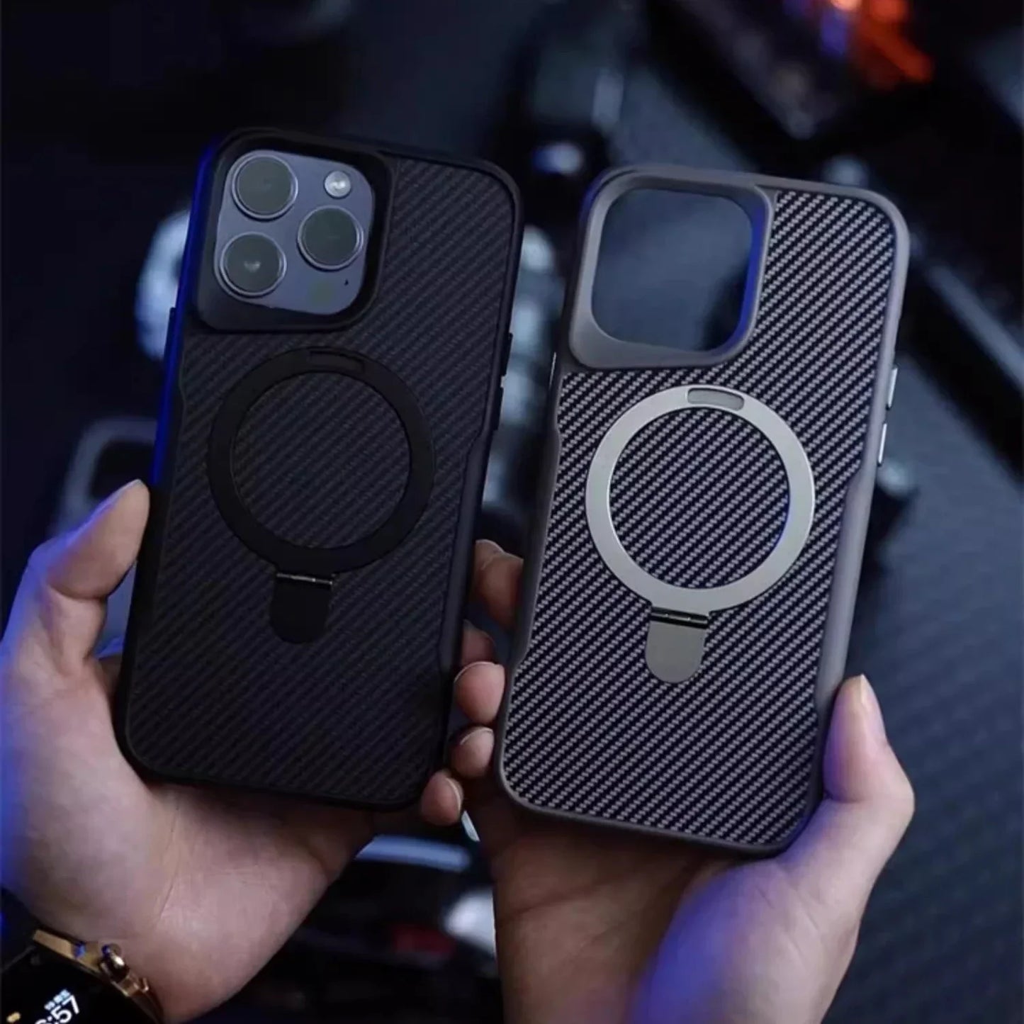 Desert Titanium metal holder carbon fibre magnetic phone case for iPhone 17 16E 15  Pro Max magsafe charging armor hard case