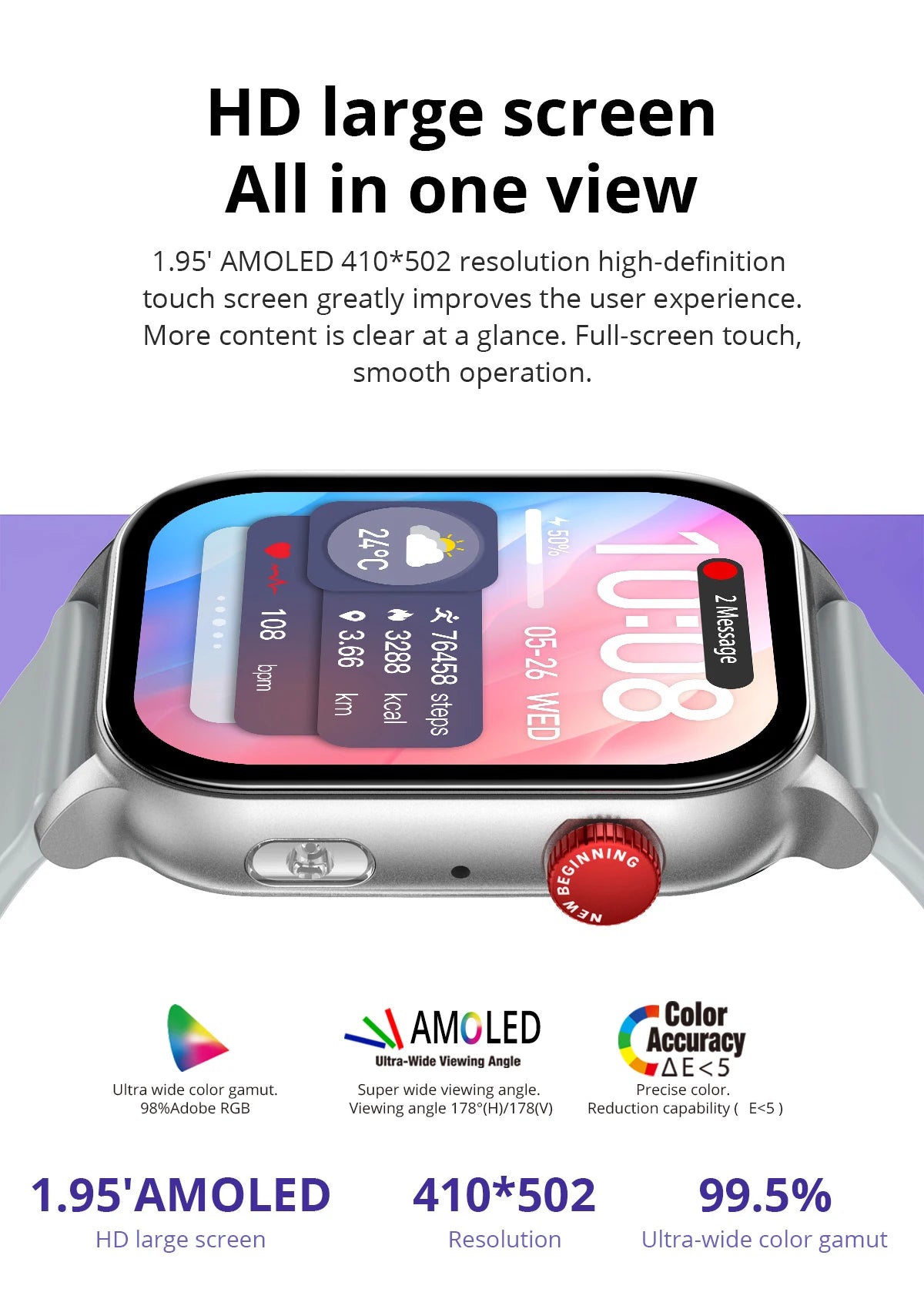 2024 COLMI P78 1.95'' HD AMOLED Smartwatch Flashlight Voice Calling 100+ Sports Modes Health Monitoring Smart Watch Men Women