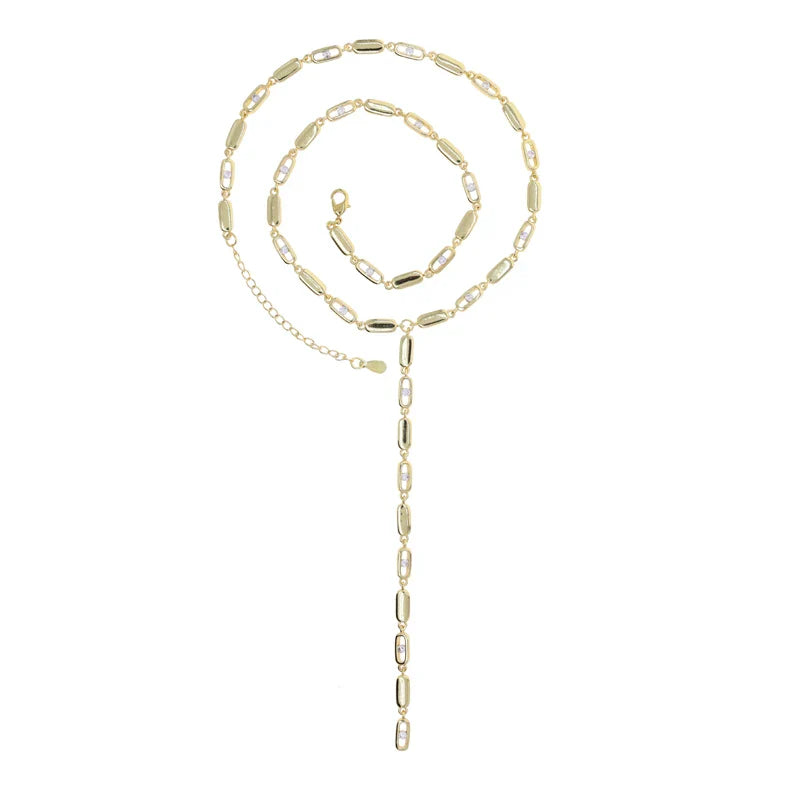 Gold Color Women Fashion Jewelry Set Geometric CZ Rectangle Charm Link Hand Chain Bracelet Choker Y Lariat Necklace