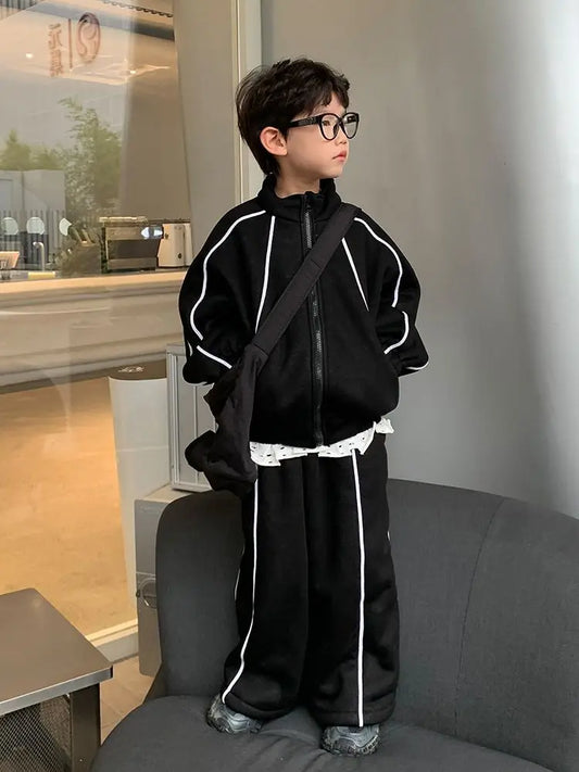 Autumn Winter Childrens Boys 2PCS Clothes Set Fleece Thickened Warm Pullovers Patchwork Pants Suit Toddler Boy Outfits