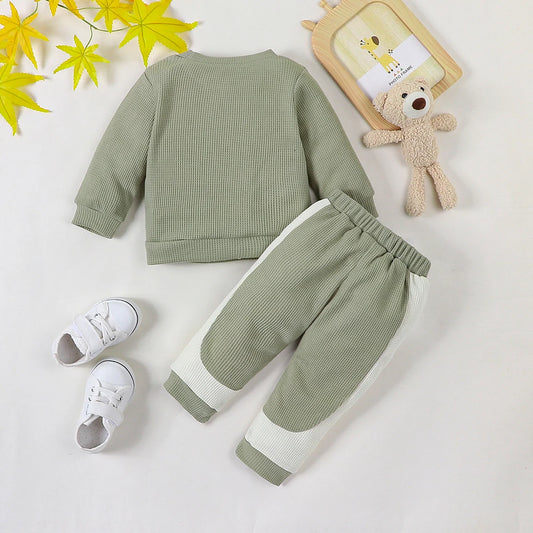 Autumn and winter baby boy cute fashion sports style A-line embroidery design long sleeved round neck top and pants set