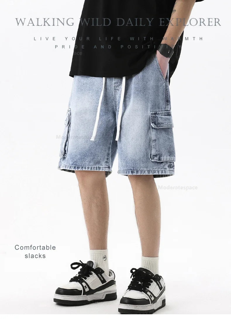 Summer Retro Fashion Denim Shorts for Men Loose Straight Leg Multi-pocket Short Jeans With Elastic Waist and Drawstring Male