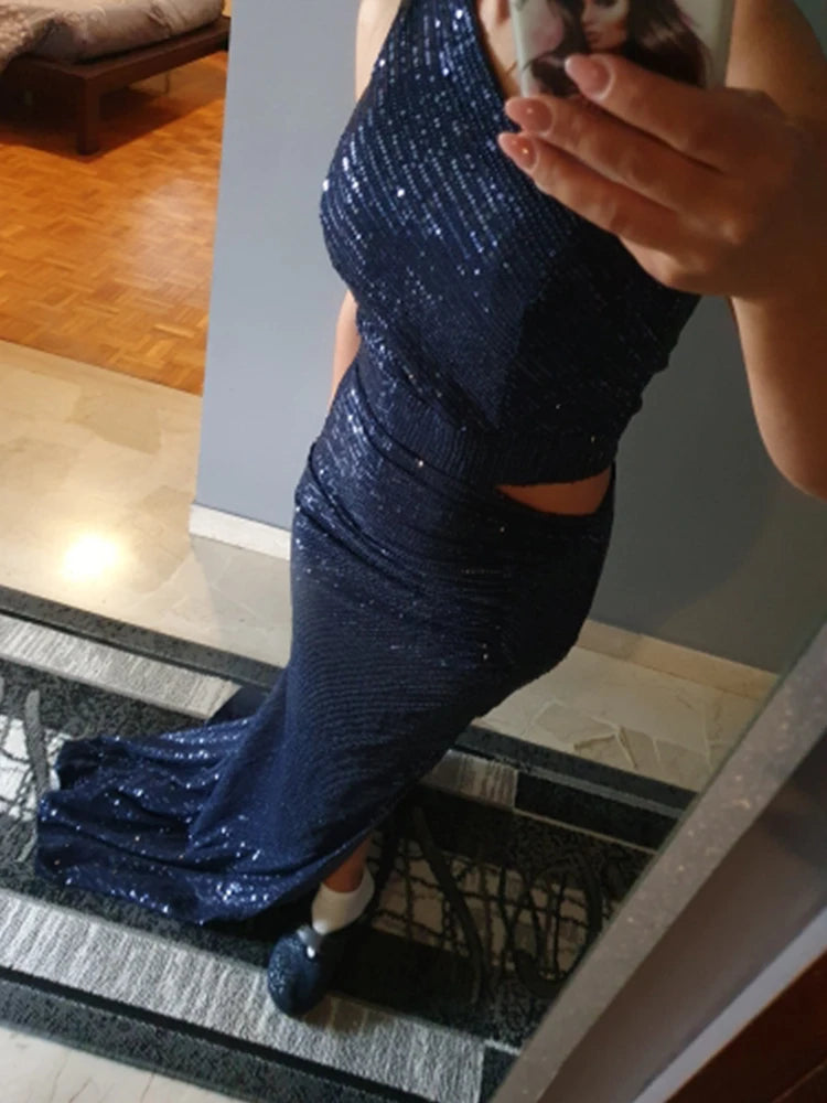 Evening wear Dresses: Cocktail Dress Navy Luxury Long Pleated Slit