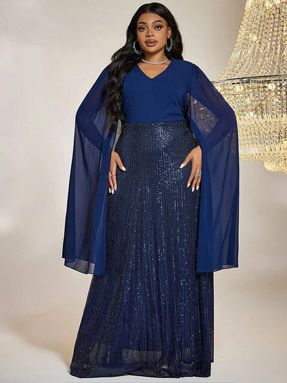 TOLEEN Women Plus Size Maxi Dresses Blue Sequin Formal Dress Elegant V-neck Extra Long Split Sleeves Tight Wedding Party Dress