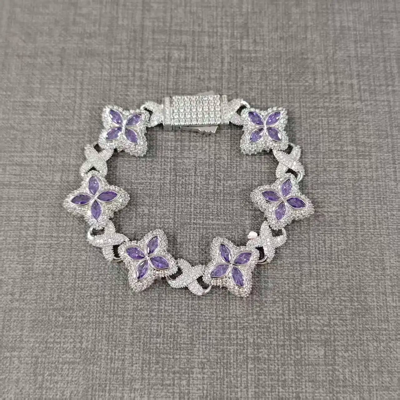 UWIN Iced Baby Blue Baguettecz Floral Infinity Bracelets for Women Men Cubic Zirconia Cuban Link Chain Anklets Fashion Jewelry