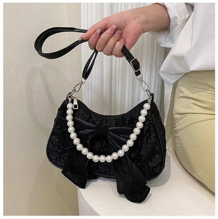 Pearl Female Bag Retro Luxury Designer Handbag Bow Crossbody Bags Fashion