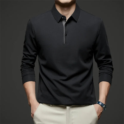 New Men's Business Casual  Long Sleeve Solid Color Polo Shirt Fashionable Warm Comfortable Four Seasons Versatile Top
