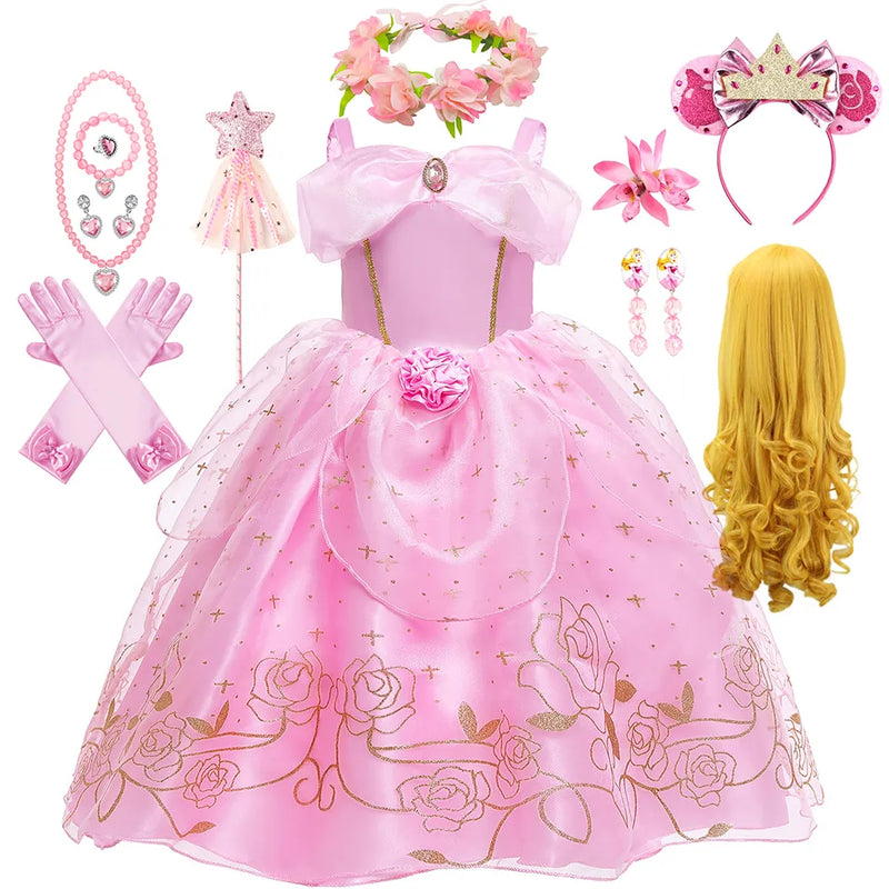 Aurora Pink Princess Dress Girl Sleeping Beauty Cosplay Costume Summer Floral Rose Print Sling Frocks 2-10 Yrs Kids Elegant Gown