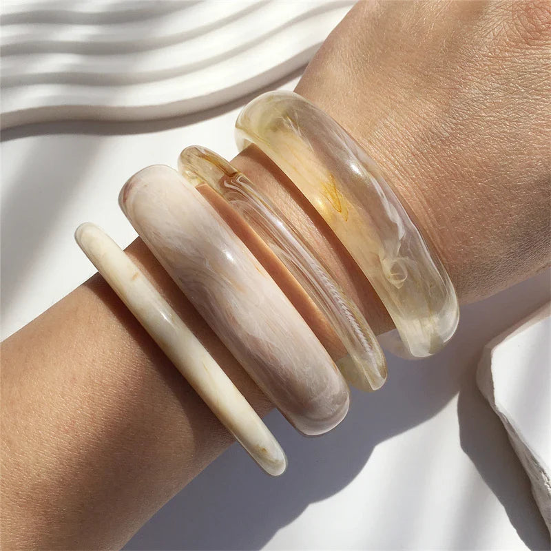 UJBOX 4-Piece Brown & Cream Marble Acrylic Resin Bracelet Bangle Set Stackable Jewelry Lightweight & Eco-Friendly Bulk Discount