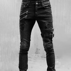 Zipper Decoration Slim Fit Biker Jeans Men Cotton Stretchy Ripped Skinny Jeans