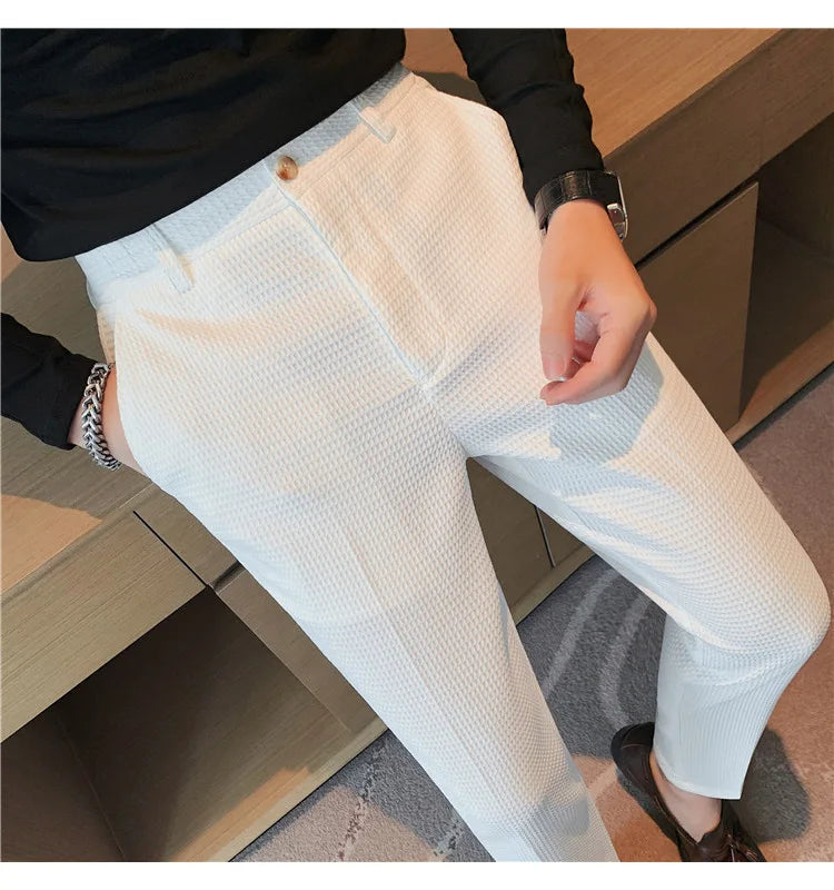 Fashion Business Casual Men's Pants Cropped Pants Waffle Pattern New Trend Spring Summer Casual Trousers