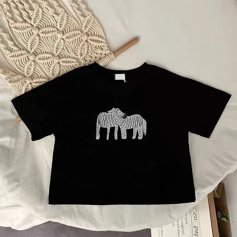 Animal Pattern Baby Boys Girls Short Sleeve Tops Kids Tees Summer Clothing Loose Fashion Trendy Children's Wear T-shirt O-neck