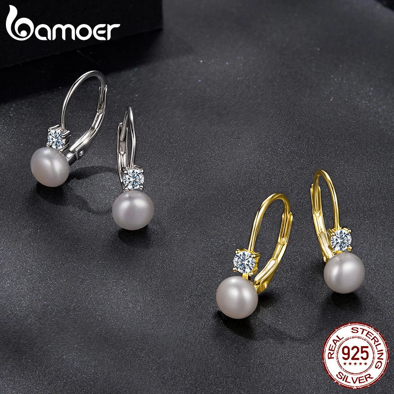 BAMOER Moissanite Freshwater Pearl Earrings for Women Wedding, Round Cut Lab Diamond 925 Sterling Silver Drop Dangle Ear Buckles