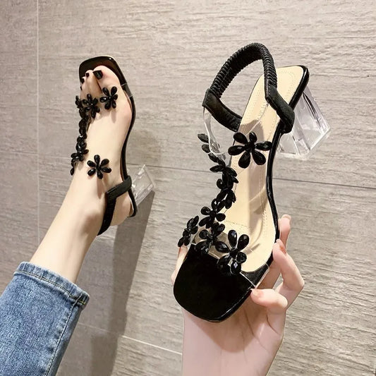 Women Sandals Pvc Crystal Flower Decoration Chunky Heel Peep Toe