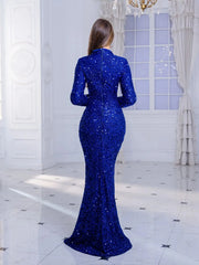 Blue Sequin Elegant Evening Party Dress O Neck Long Sleeves Wedding Party Gown