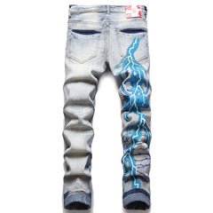 Men Print Jeans Streetwear Letters Lightning Painted Stretch Denim Pants Vintage