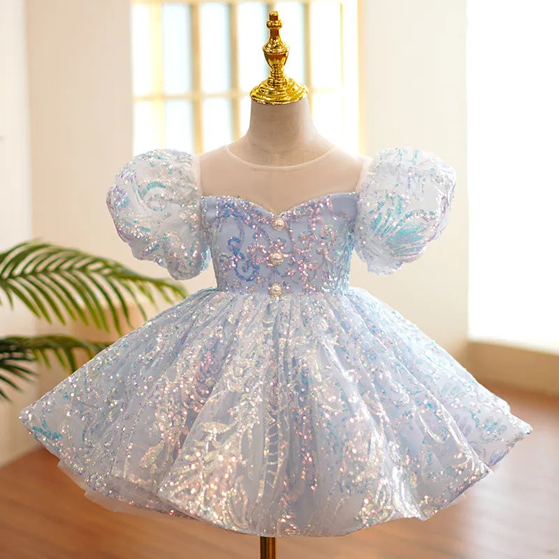 Kids Birthday Party Dresses for Little Girl Size 2 To 14 Years Prom Sequin Dress 2023 Luxury Gowns Sky Blue Evening Formal Frock