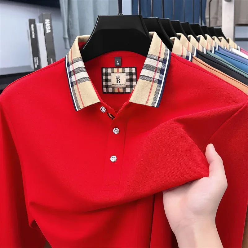 Men's Plaid Long Sleeve Polo Shirt Autumn Winter Casual Office Outdoor Fashion Top Commercial Collar Trendy Men's Clothing