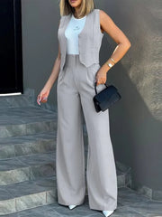 Stylish Women Commuting Vest Tops High Waist Wide Leg Pants