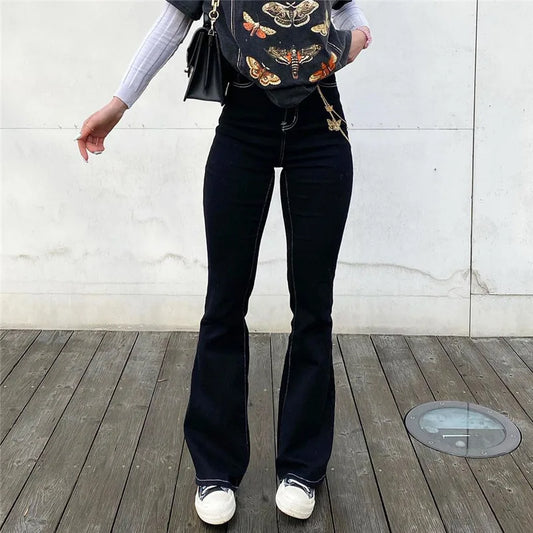 Women Stretch Flare Skinny Jeans Lady Retro Black Y2K Punk High Waist Skater Pants
