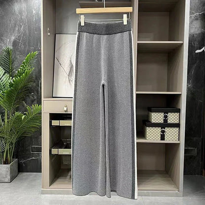 S-3Xl Elegant Woolen Wide Leg Pants Women Korean Fashion Striped Knitted Pants