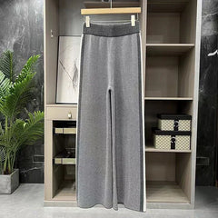 S-3Xl Elegant Woolen Wide Leg Pants Women Korean Fashion Striped Knitted Pants