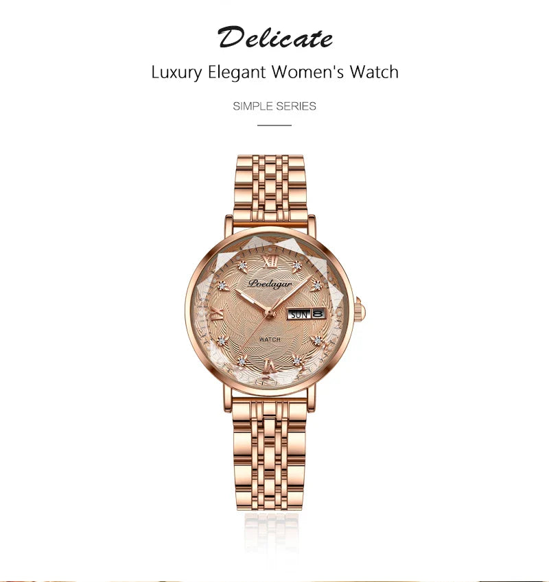 POEDAGAR Elegant Luxury Women Watch Waterproof Luminous Date Week Ladies Watches Fashion Stainless Steel Quartz Woman Wristwatch