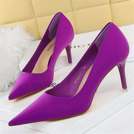 Women 7.5cm 10.5cm High Heels Scarpins Silk Satin Pumps Lady Quality Green