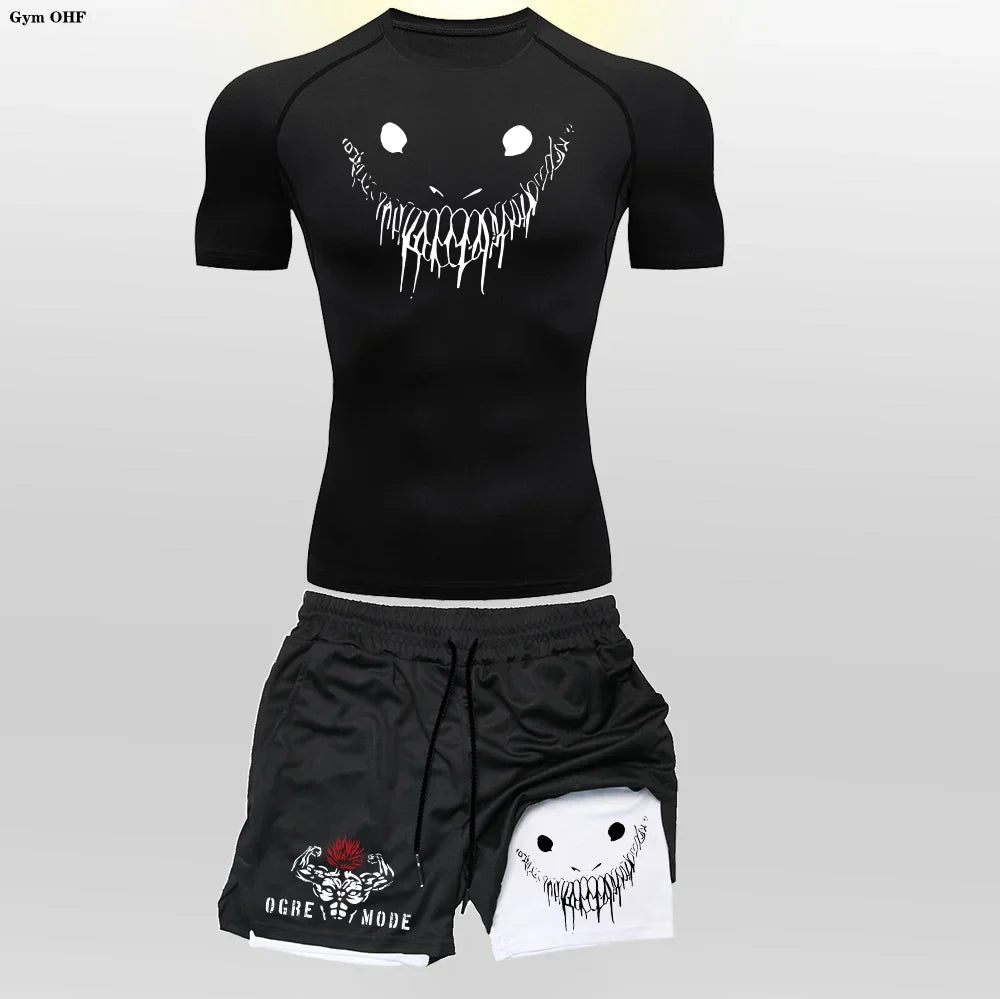 Funny Face 2 in 1 Shorts T Shirt Suits Men's Fitness Breathable Second Skin Compression Shirts Sets Gym Double Deck Shorts