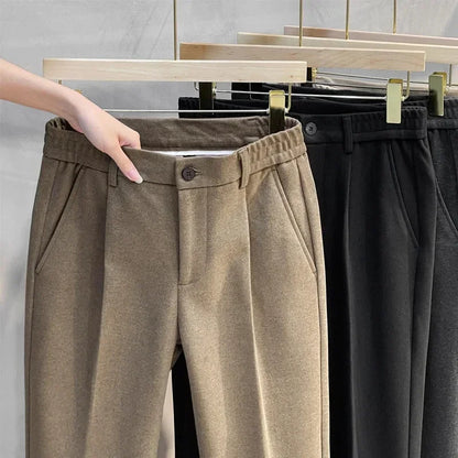 Autumn Winter Men's Woolen Suit Pants Formal Business Office Slim Straight Elastic