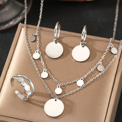 Stainless Steel Jewelry Set Symmetry Ring Cutout Earrings Multi-layer Necklace Jewelry