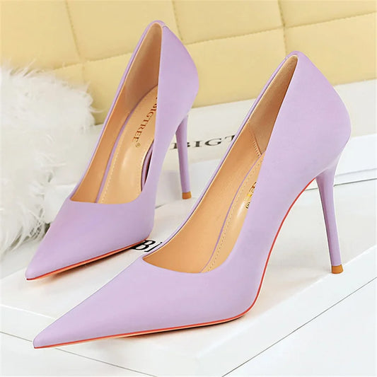 Women 10cm High Heels Satin Silk Dress Stiletto Fashion Pumps Lady Wedding Bridal Escarpin Catwalk Green Purple Peach Prom Shoes